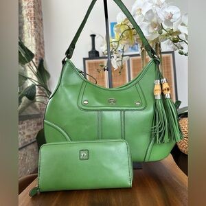 Etienne Aigner Italian Leather Hobo Bag with Bamboo Tassel & Matching Wallet NWT